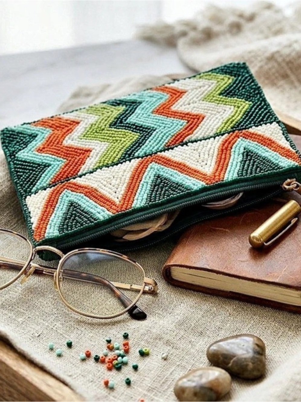Kay Lee NY Beaded Geometric Cosmetic Pouch in Green & Orange-6x5 size